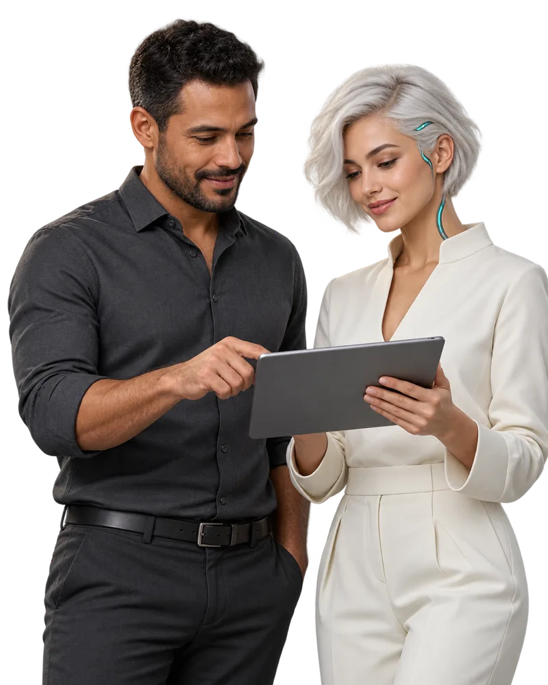 Profissional e colaboradora digital analisando juntos informações em um tablet